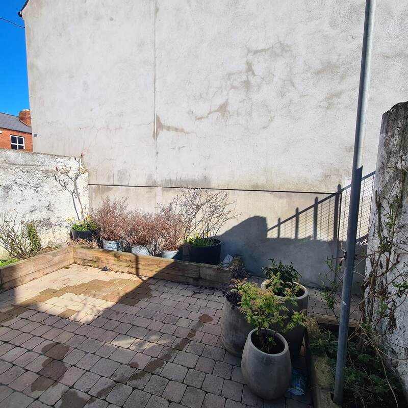 Courtyard corner before, bare wall with potted plants