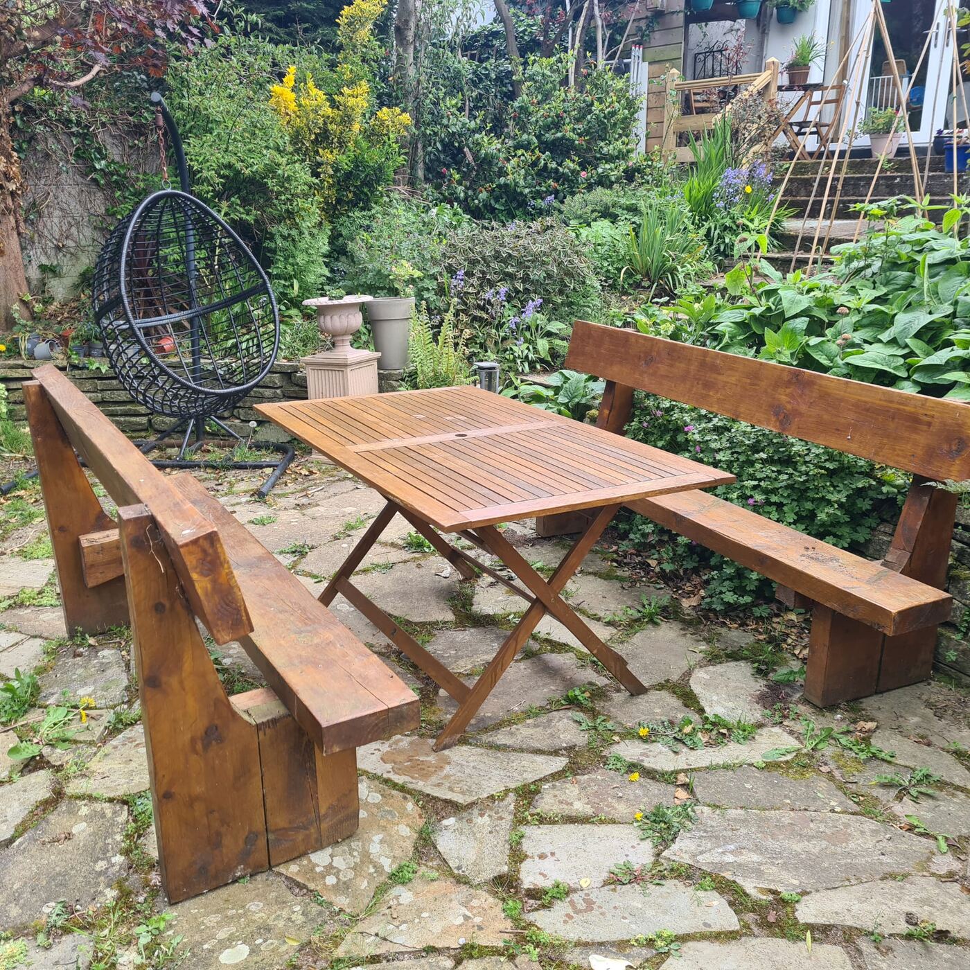 Solid timber garden table with matching benches, built and finished by hand