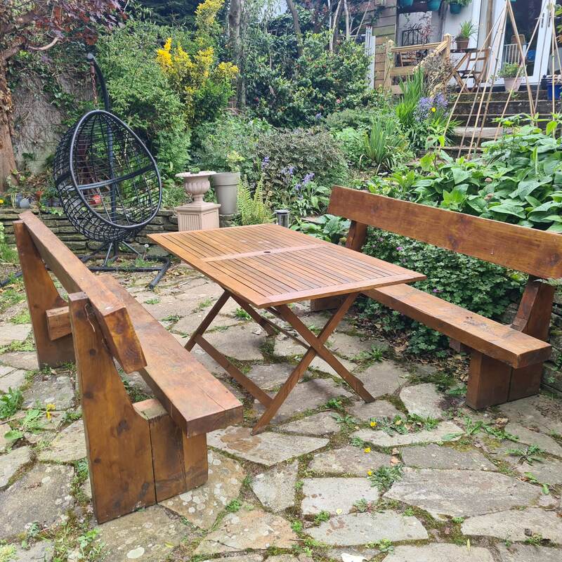 Solid timber garden table with matching benches